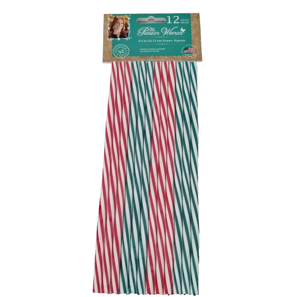 The Pioneer Woman Plastic Reusable Drinking Straws 12 piece Green Red Stripe New